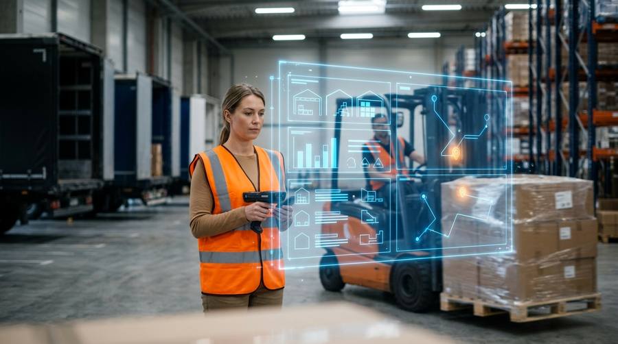 Supervisor with a scanner at a distribution centre loading dock with trailers and forklift