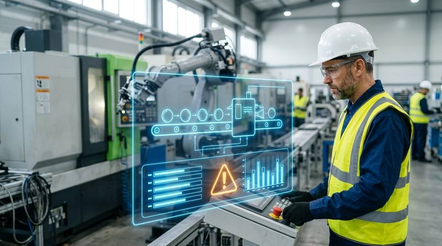 Operator at an industrial control panel beside a robotic cell on a factory assembly line