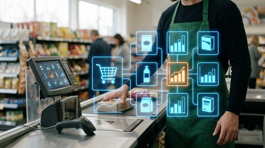 Store associate at a supermarket checkout with a point-of-sale terminal and scanner