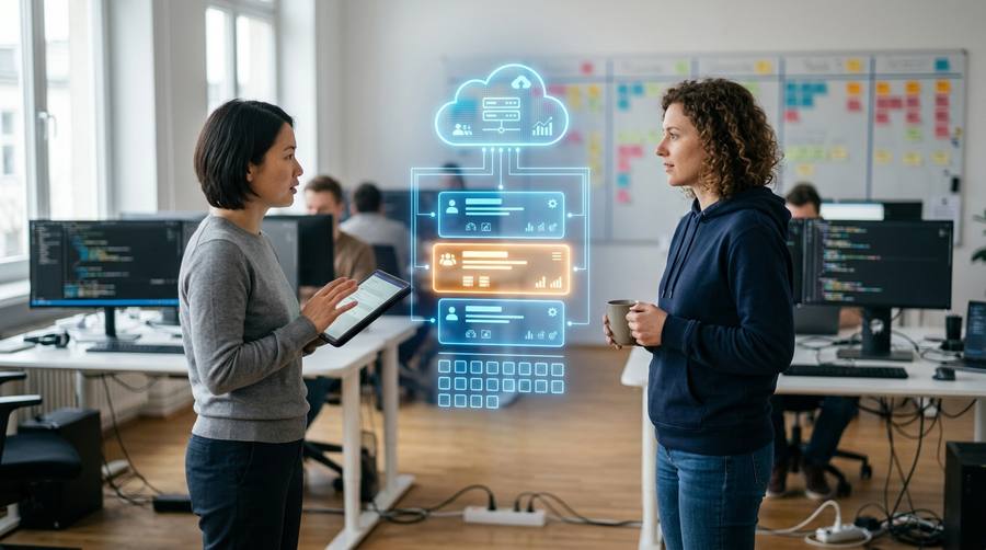 Product engineers reviewing a delivery board and cloud console in a software company
